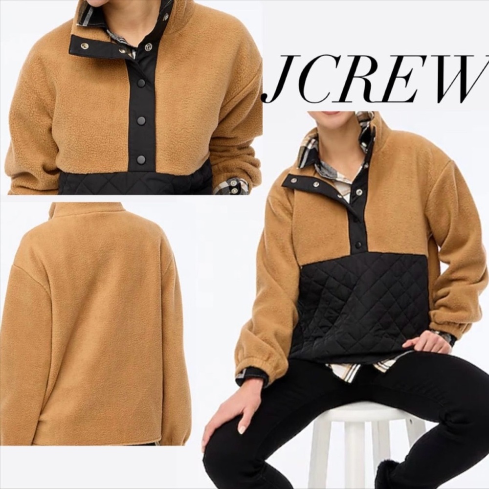 J Crew Factory Quilted Black and Tan Sherpa 1/4 Snap Neckline Pull Over Top - Picture 12 of 12